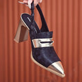 Women's black pointed-toe strap sandals with chunky high heel and elastic band