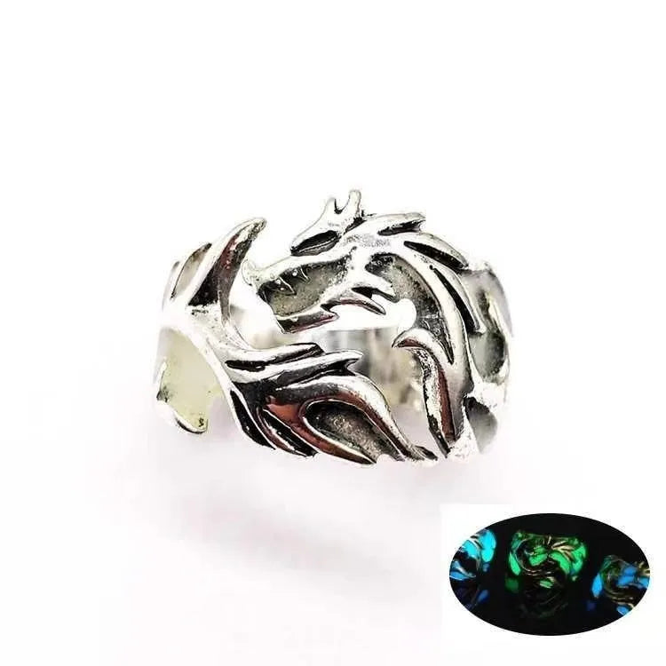 Chinese style luminous dragon pattern adjustable ring in antique silver blue and green electroplated finish