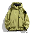 Men's black waterproof hooded jacket with long sleeves and regular length fit