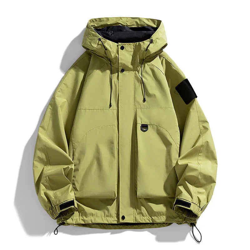 Men's black waterproof hooded jacket with long sleeves and regular length fit