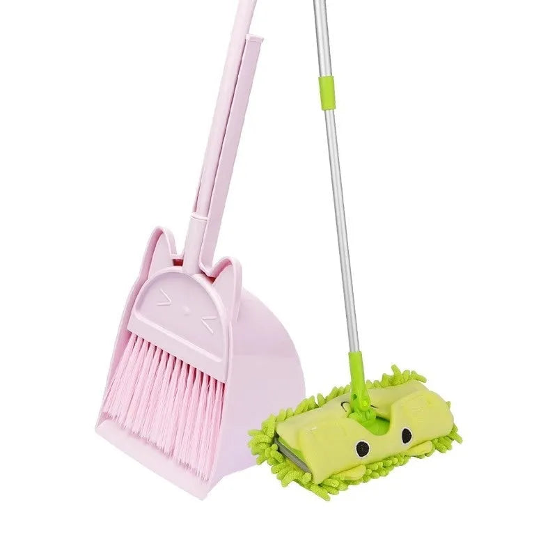 Purple, green and beige broom and dustpan combination set with rotating brush holder