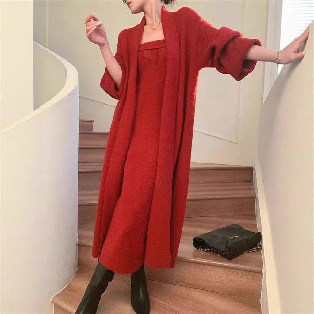 Women's knitted cardigan and long skirt dress suit set with flocking detail in various colours
