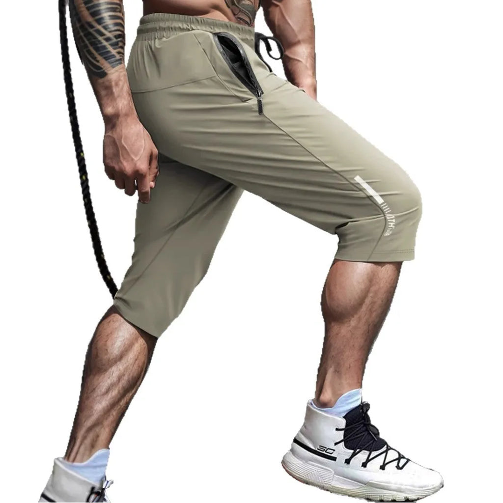 Men's cropped quick-drying sports casual pants in ice silk nylon fabric, available in black, grey, khaki and blue colours