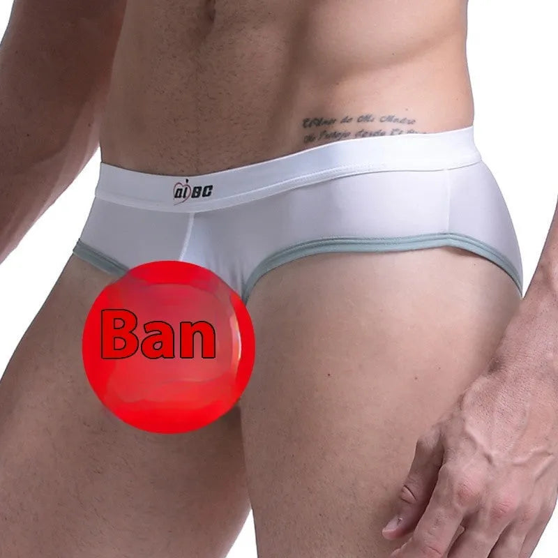 Men's Army Green Ice Silk bazooka briefs with mid waist and bullet separation design on a white background.