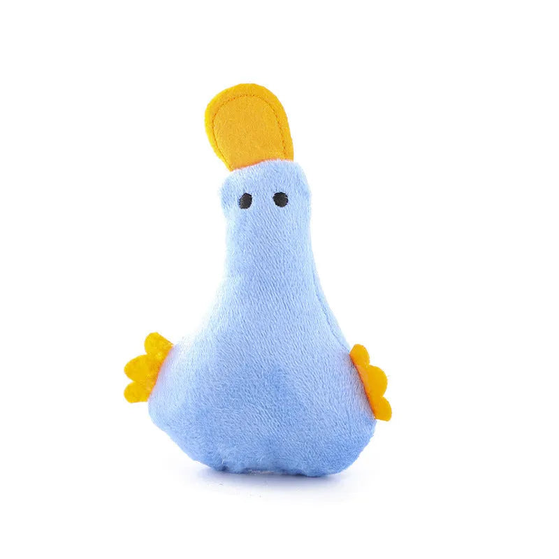 Plush duck pet toy with catnip filling and squeak sound in yellow colour