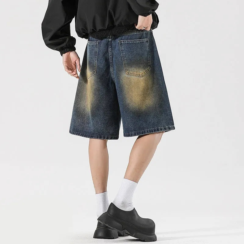 Retro blue loose fit distressed denim jeans with street style design