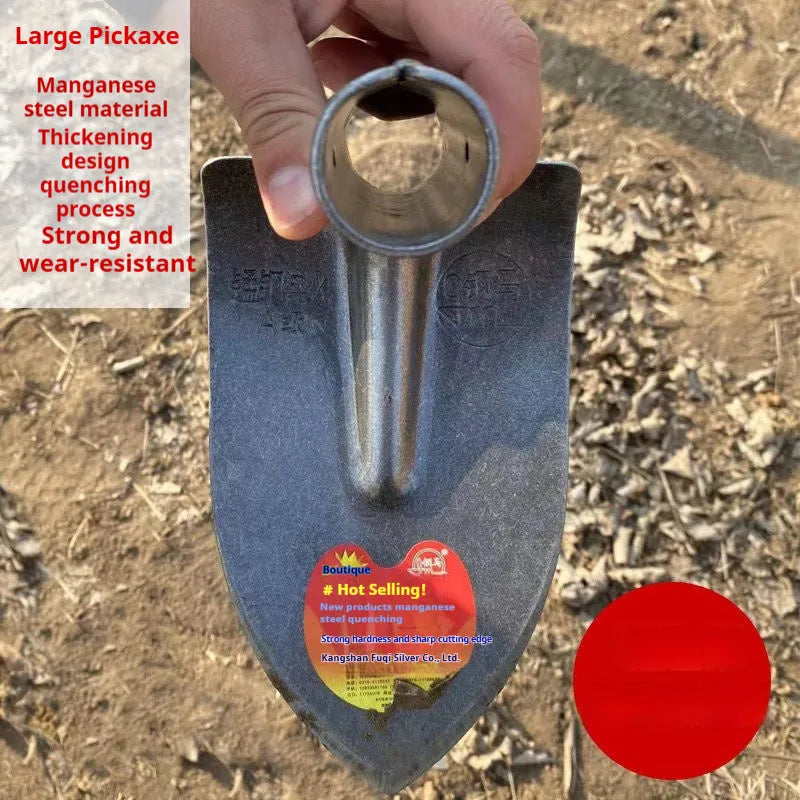 Agricultural flat hoe with a pointed manganese steel tip and stainless steel construction for weeding and ploughing.