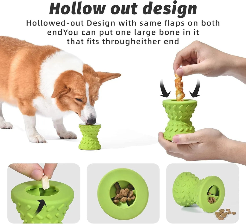 Natural rubber treat dispensing bone toy for dogs in blue, green or purple colours