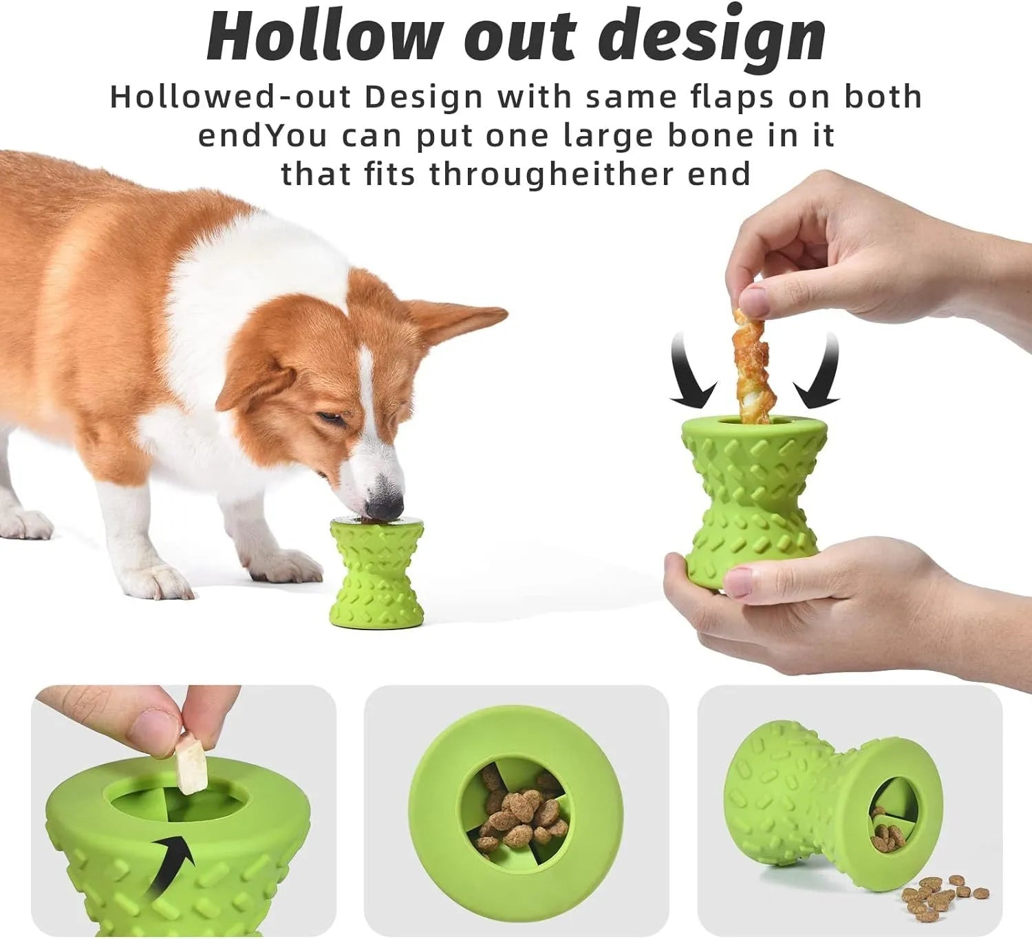 Natural rubber treat dispensing bone toy for dogs in blue, green or purple colours