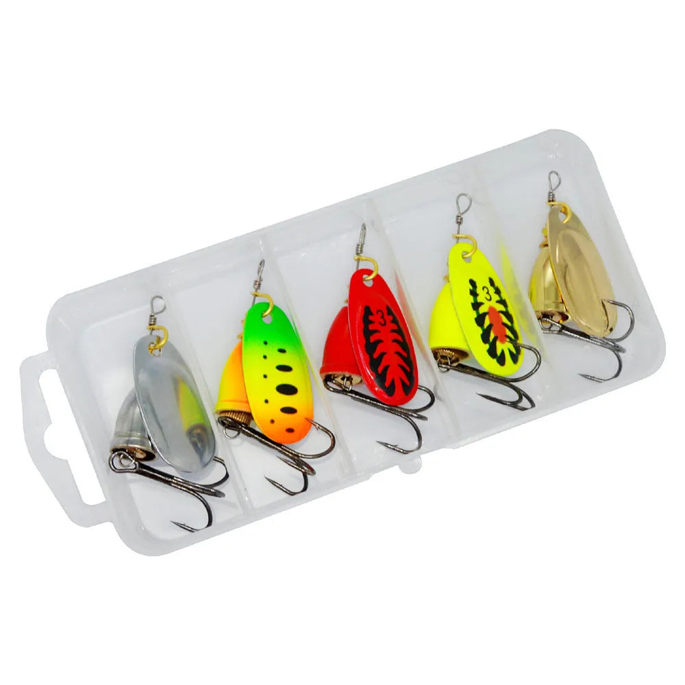 R composite metal fishing lure with copper bell and rotating sequin skirt in multiple colour options