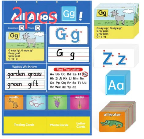Children's alphabet learning sleeve chart with letter cards, word cards, and picture cards on a large 60x40 cm table mat.