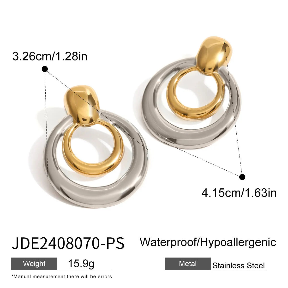 Golden round stud earrings with double-layer hollow construction and contemporary geometry design