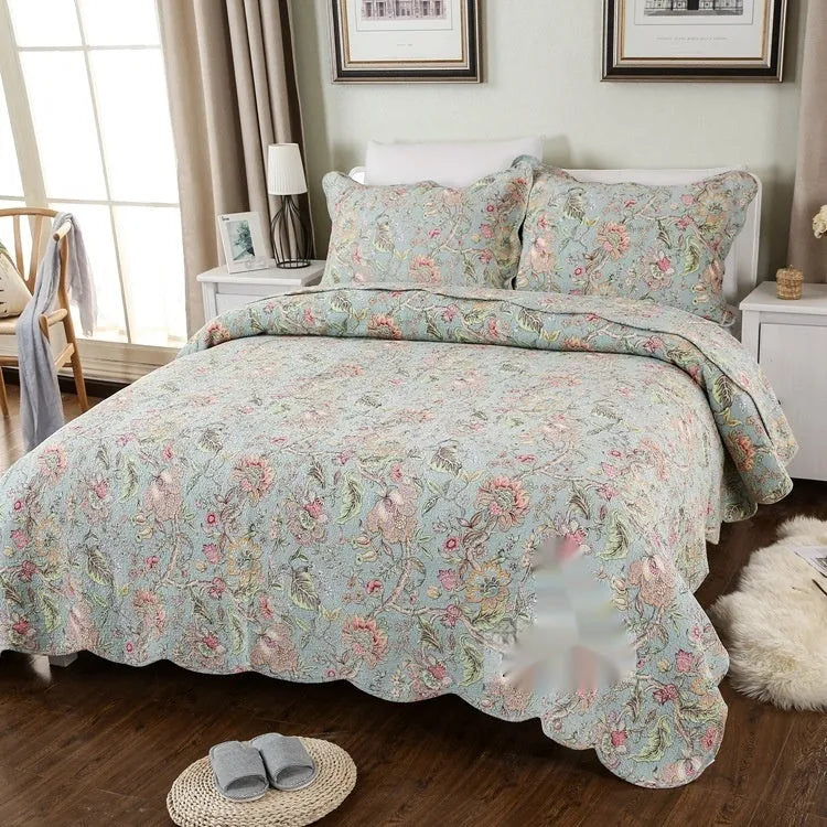Pure cotton bedspread three-piece set with geometric pattern showing bed cover and pillowcases