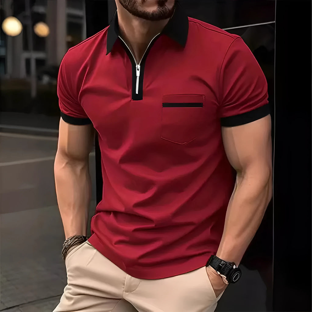 Men's casual short sleeve shirt with chest pocket and zipper detail in a loose fit