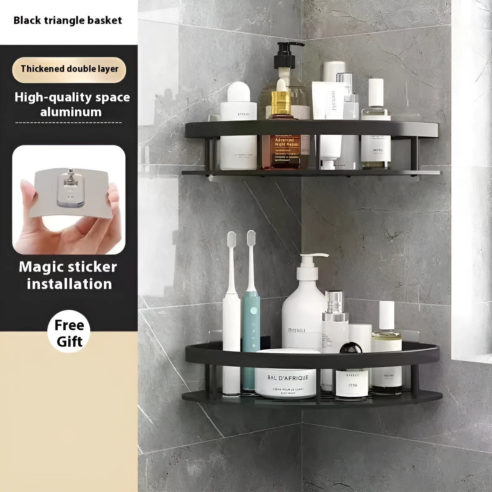 Black punch-free double-layer triangle bathroom wall storage rack on a tiled wall.
