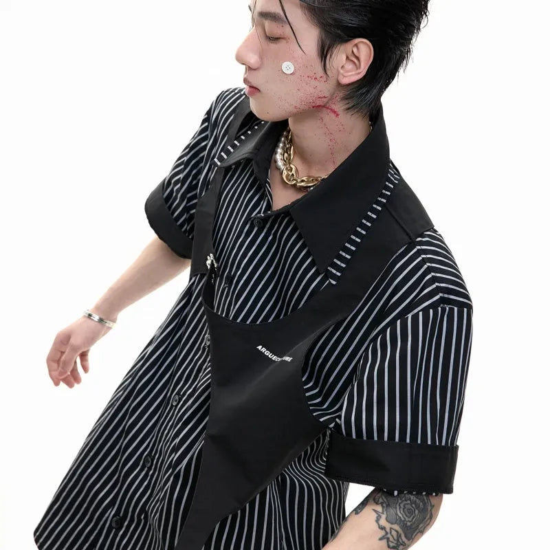 Men's black and white striped cotton shirt with double collar design and short sleeves