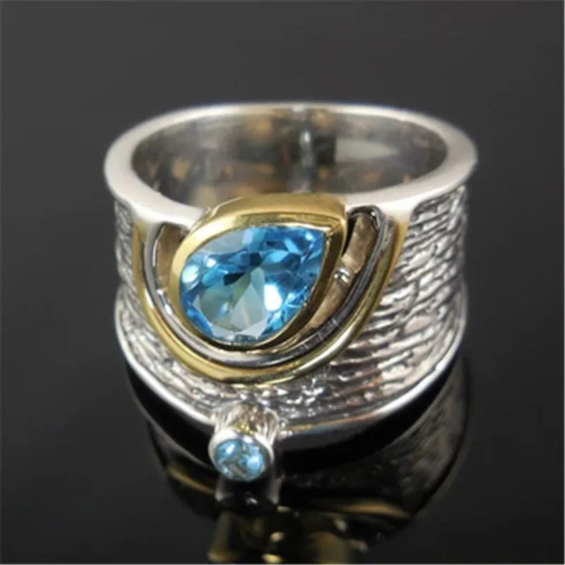 Blue alloy women's ring with Chinese style design and inlaid rhinestone zircon in drop shape