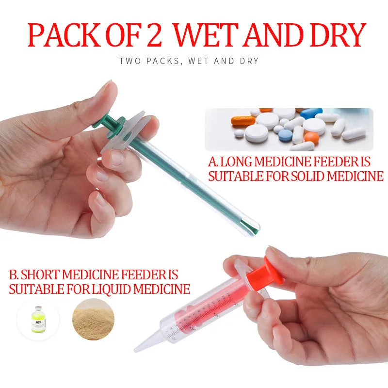 Two pack of soft tip silica gel pet pill shooters for cats and dogs showing plunger and barrel