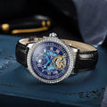 Round mechanical men's watch with stainless steel strap and transparent case back showing movement