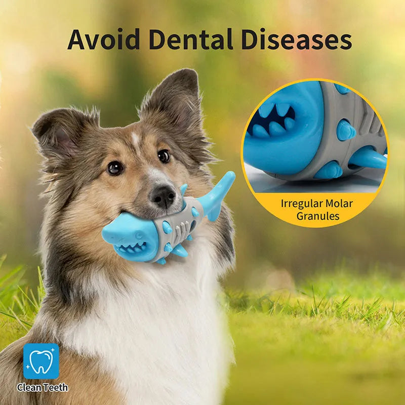 Shark tooth patterned dog chew toy for teething puppies and dental cleaning in blue colour
