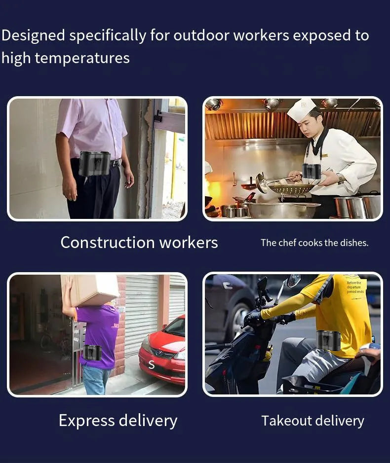 Grey portable waist-hung personal fan with neck lanyard and waist buckle, shown for outdoor use.