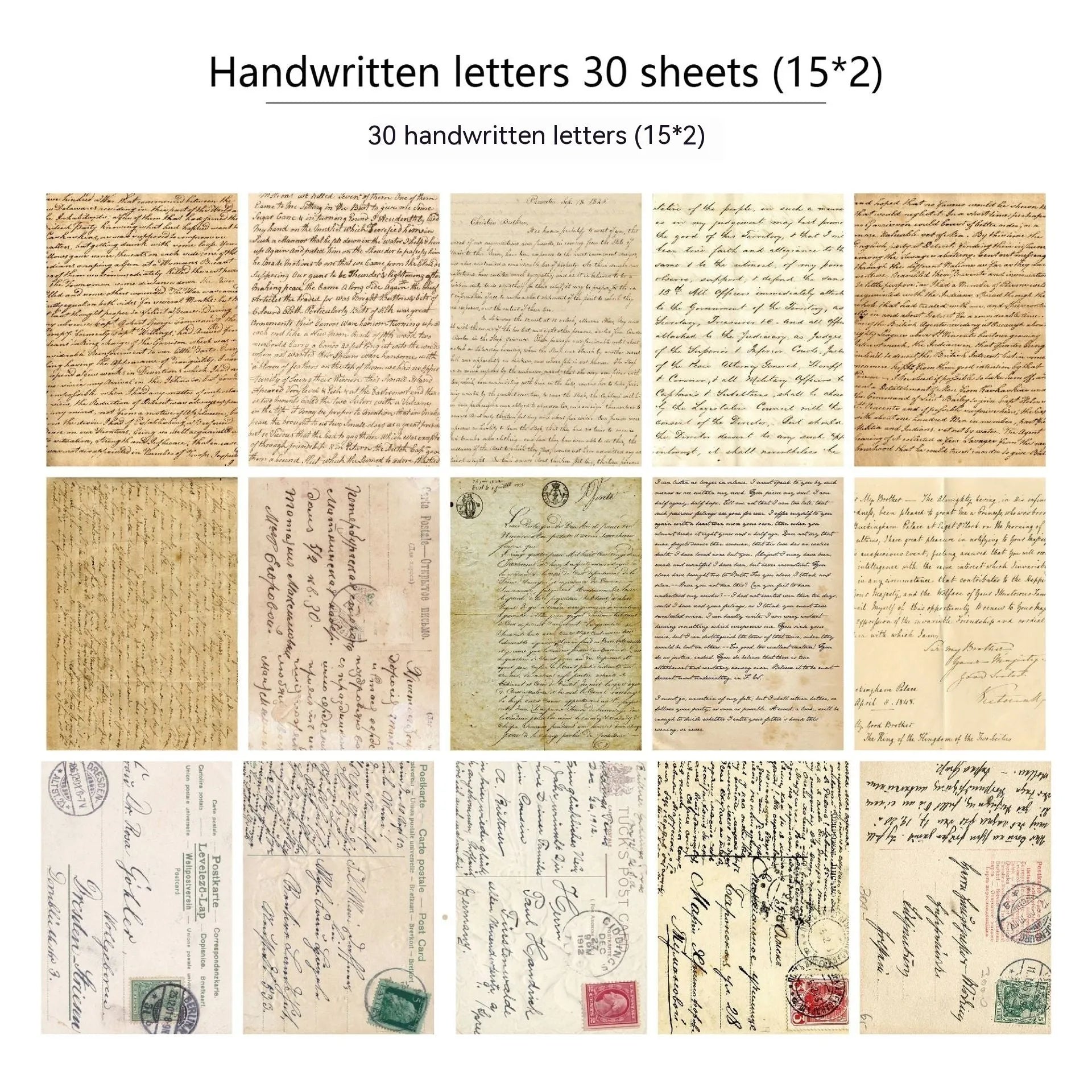 30-piece retro scrapbook paper set showing floral, botanical, musical, and handwritten letter designs for diary decoration