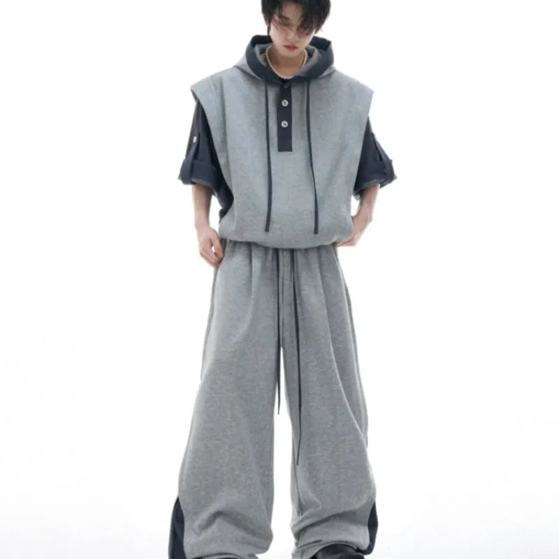 Men's black hooded sports leisure suit with three-dimensional stitching on jacket and trousers