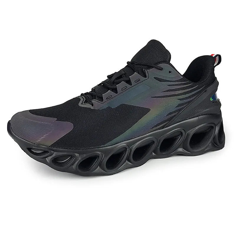 Breathable low-top mesh casual trainers in black on a white background, showing lace-up front and round toe.