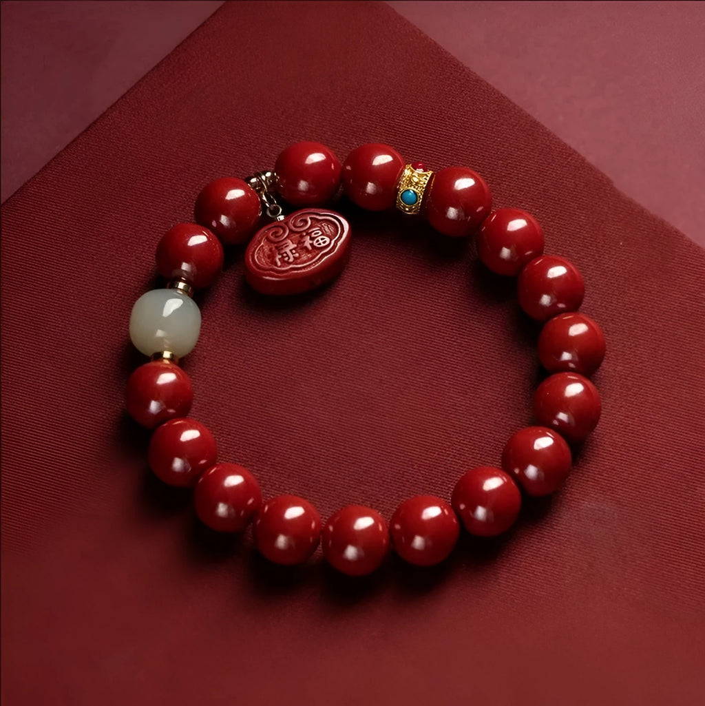 Natural cinnabar emperor sandstone Ping An Fu Lu bracelet for birth year protection in 8mm or 10mm bead size