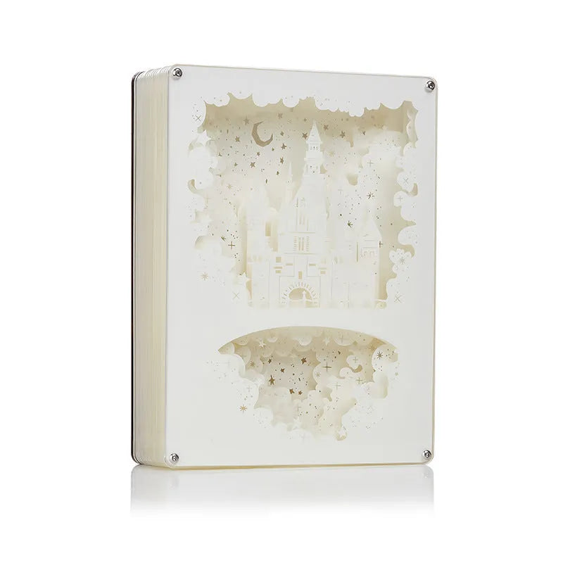 Three-dimensional paper carving USB bedside night light with remote control on wooden table