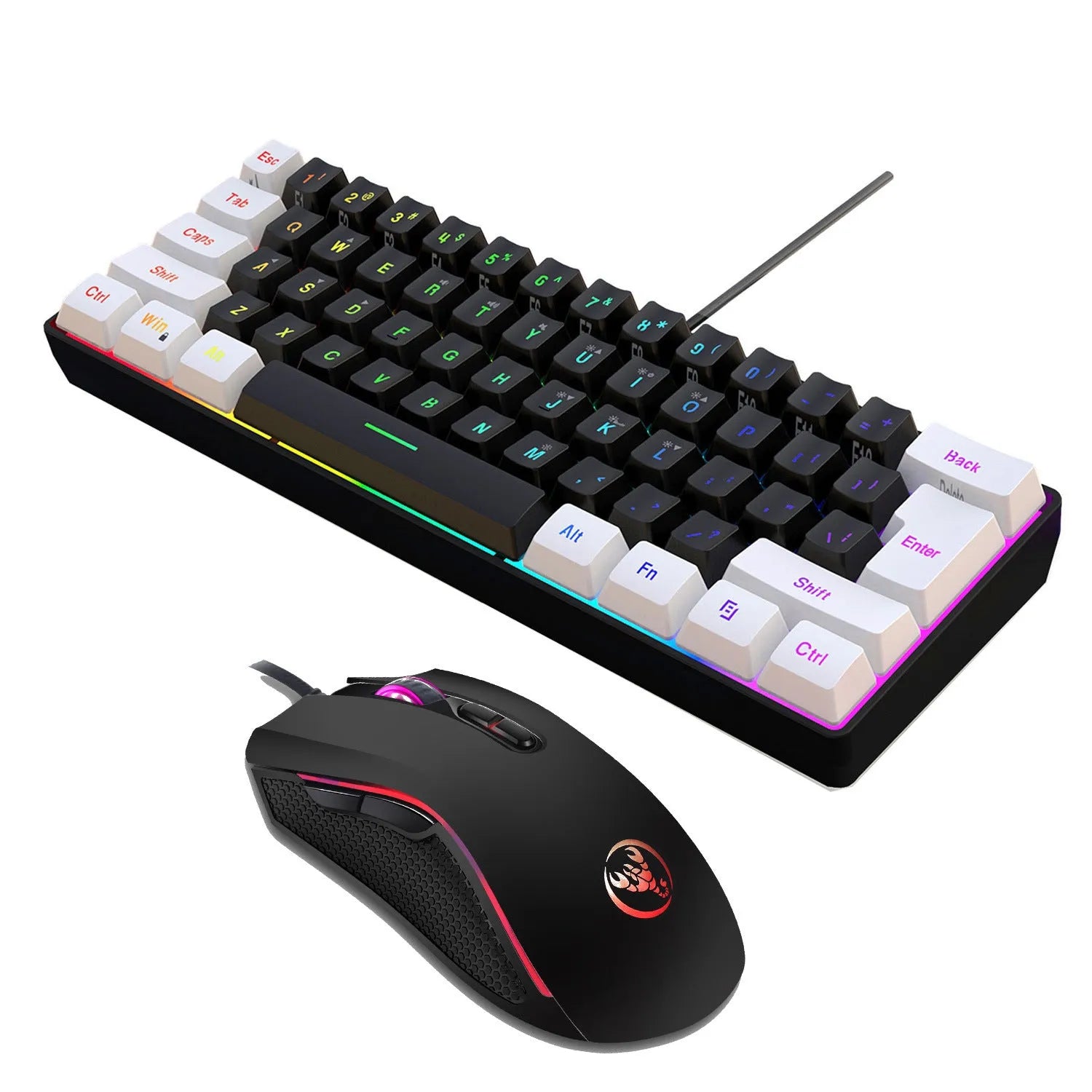 White and black wireless RGB keyboard and mouse gaming combo with backlight illumination