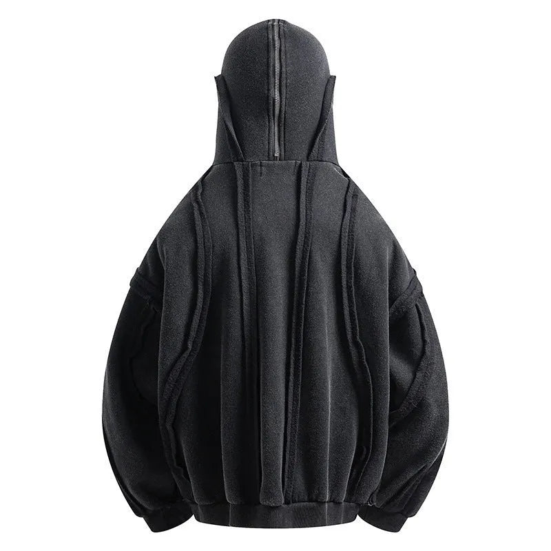 Black retro loose fit cotton coat with a zip front, hood, and abstract pattern detail.