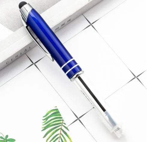 Multifunctional metal capacitive stylus pen with LED light in five colour options showing bullet type tip