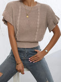 Twisted string design knitted pullover with ruffle short sleeves and round neck in loose Japanese Korean casual style