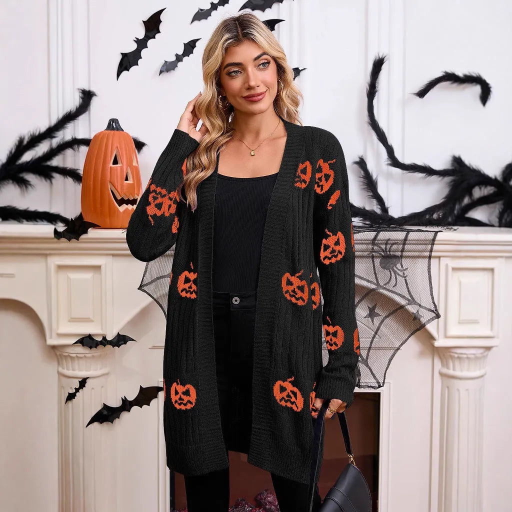 Women's black Halloween cardigan with orange pumpkin head jacquard pattern, regular sleeves, straight cut
