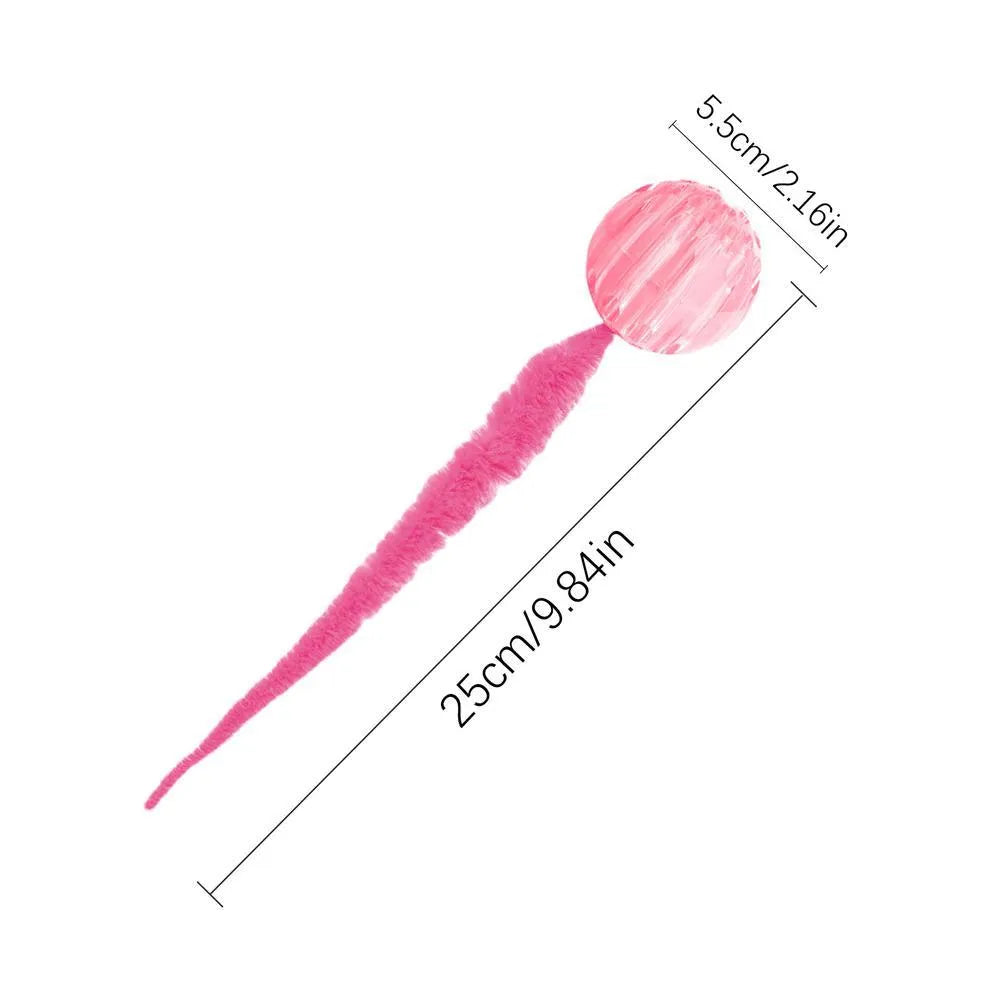 Interactive bouncy ball cat toy with worm tail in green, pink, or purple colours
