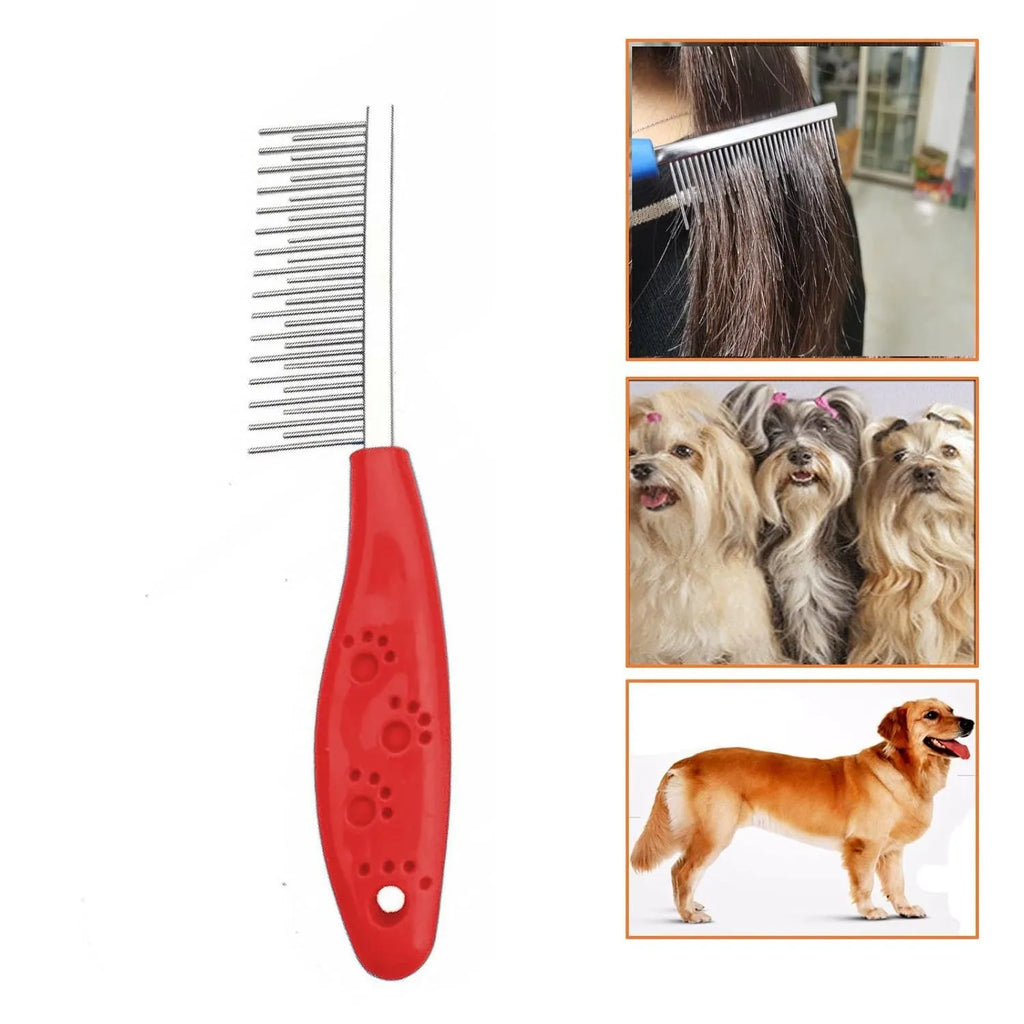 Red plastic handled pet comb with stainless steel long and short teeth for dematting.