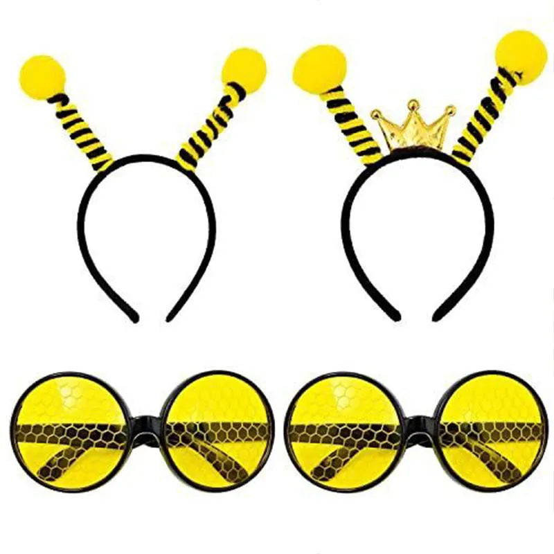 Yellow bee costume headband and matching glasses set on mannequin display