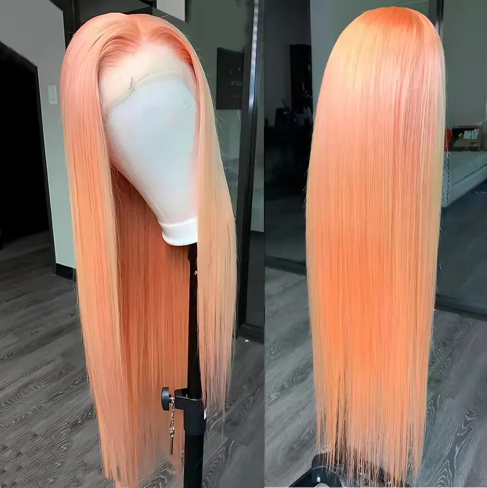 Light orange long straight front lace wig with high-temperature fibre, shown with side bangs styling
