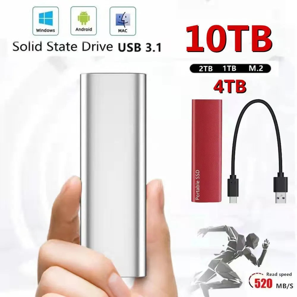 Ultra-thin metal external mobile SSD in red, black, blue, or silver colour options on a plain background.