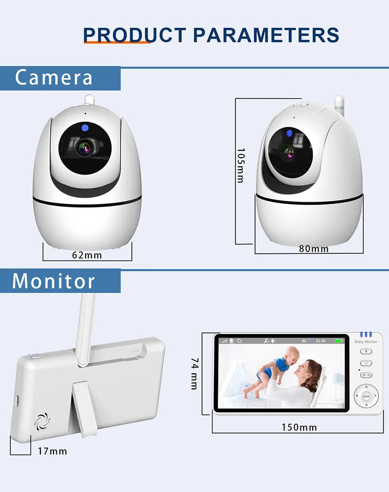 White baby monitor with 5-inch HD screen showing baby monitoring display