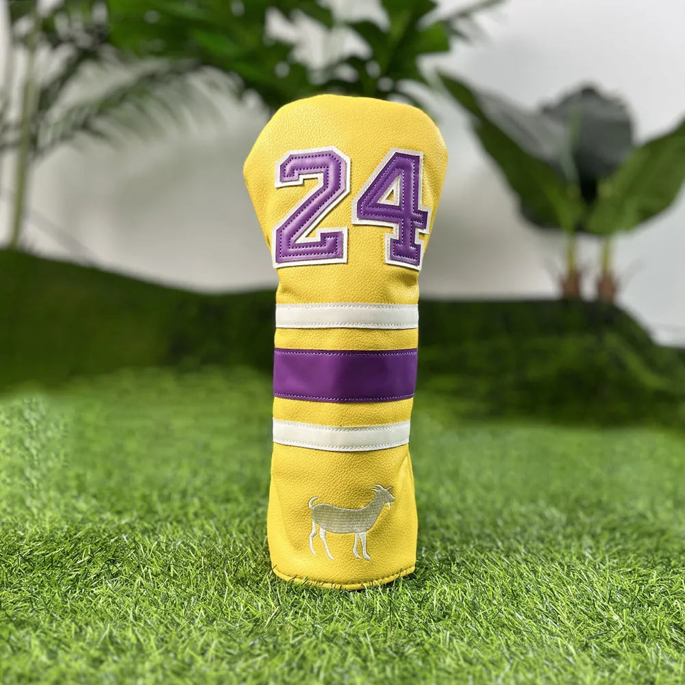 Set of four PU golf club headcovers for driver, fairway woods, hybrid, and putter in assorted colours.