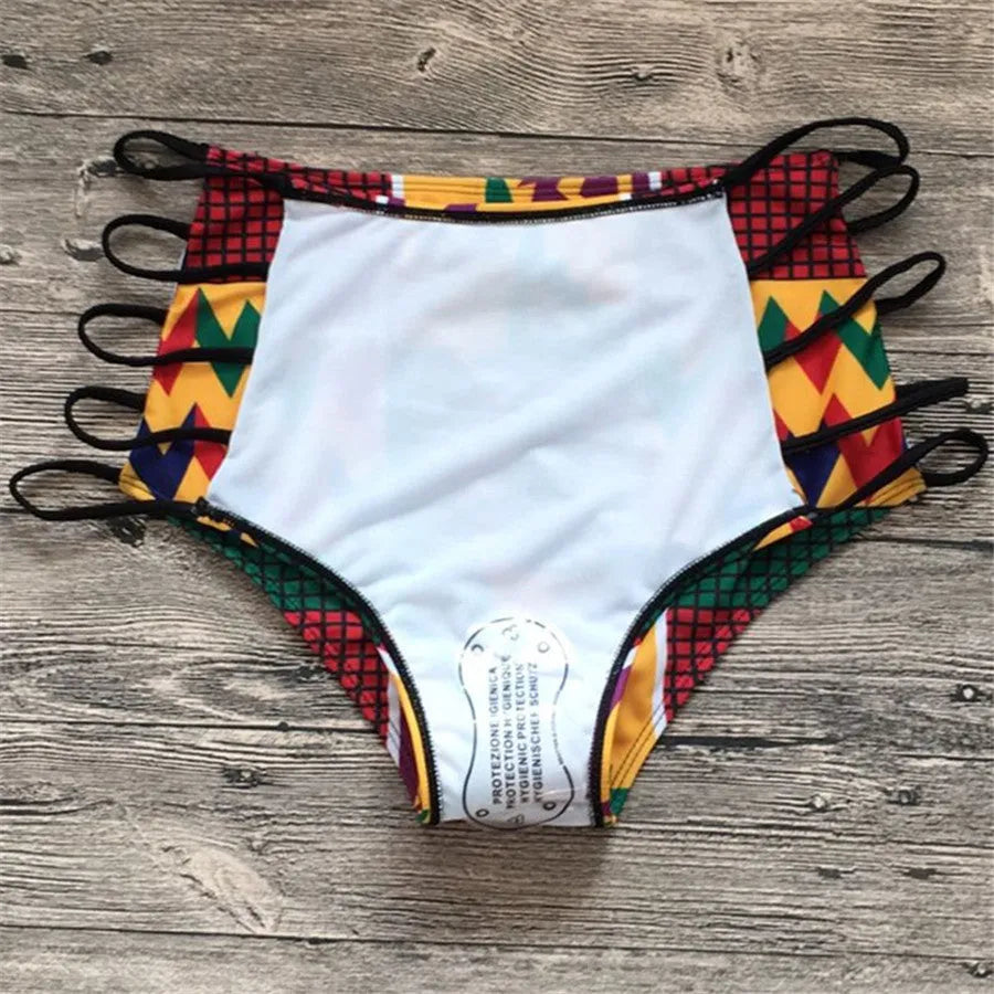 Women's high waist split bikini swimsuit with digital print pattern and backless top in polyester blend fabric