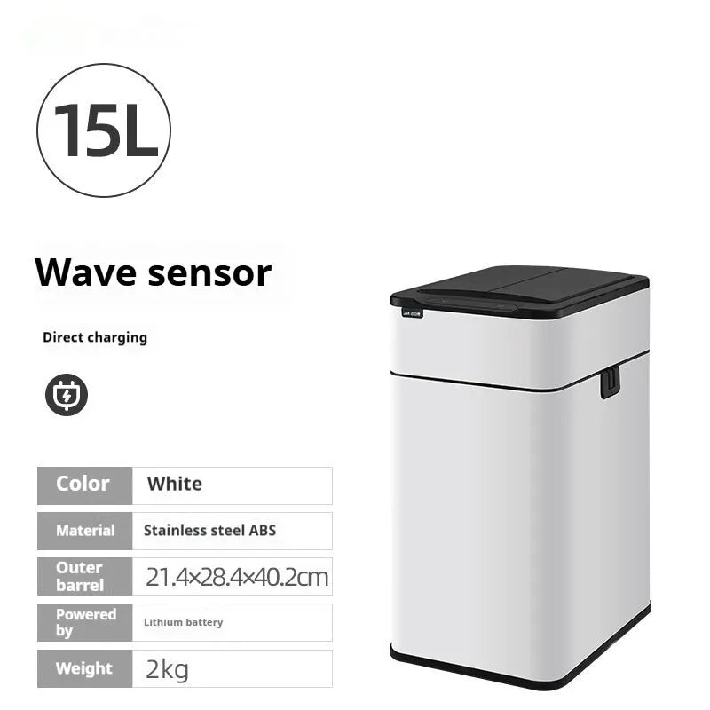Stainless steel inductive smart trash can with square bucket design and sensor lid.