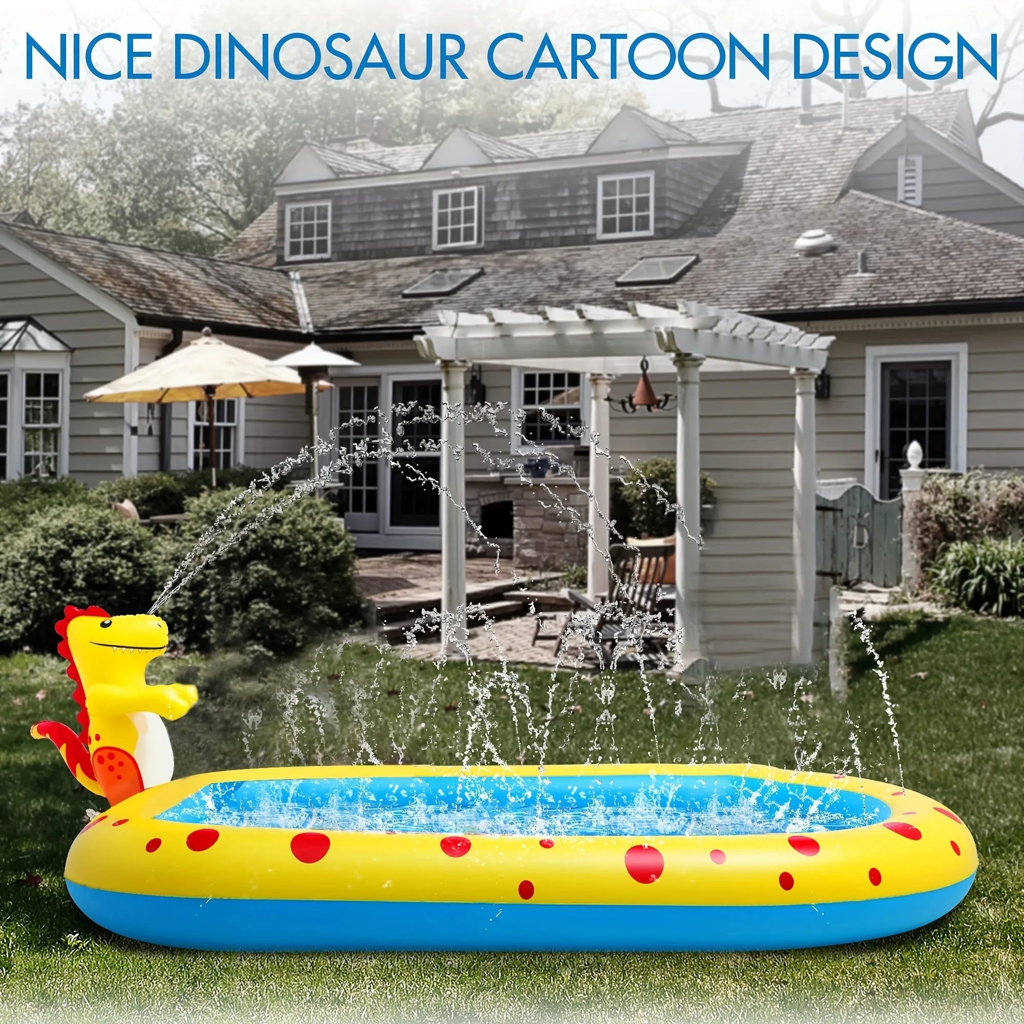 Blue inflatable dinosaur-shaped water pool with shark sprinkler toy for kids