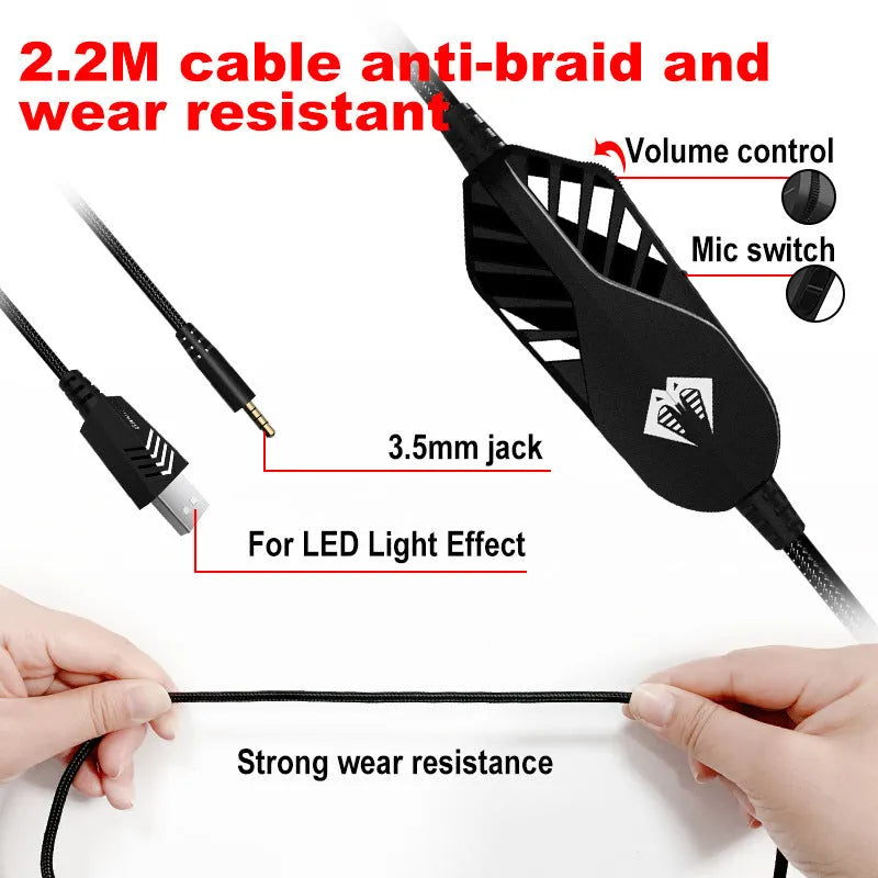 Wired gaming headset with LED breathing light and microphone in blue colour showing 3.5mm plug