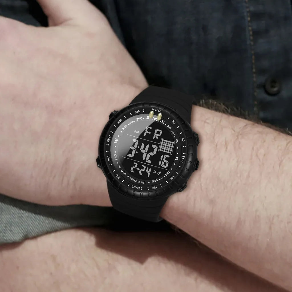Black men's waterproof outdoor electronic watch with large 54.74mm dial and adjustable PU leather strap