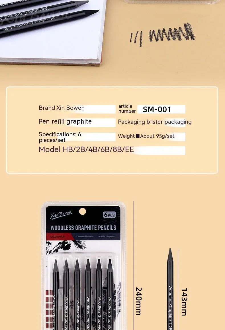 Set of six wood-free graphite sketching pencils with grades HB, 2B, 4B, 6B, 8B, and EE for art drawing.