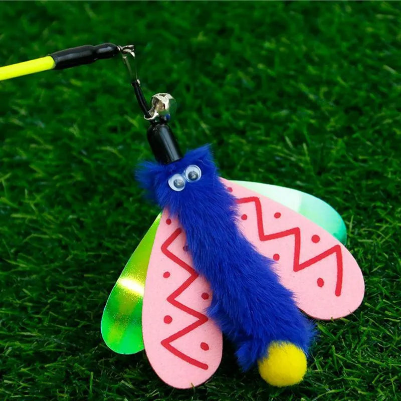 Blue dragonfly cat wand toy with bell on 49cm stick for interactive indoor play