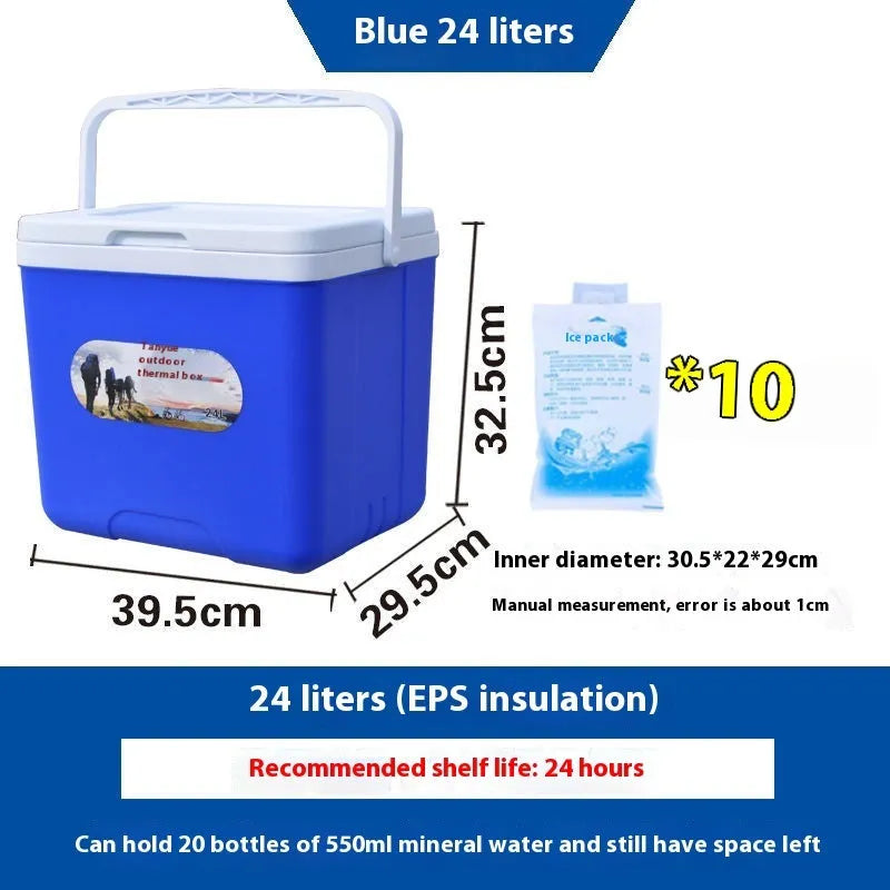 Blue portable insulated cooler box with aluminum foil finish available in multiple liter capacities for car and outdoor use